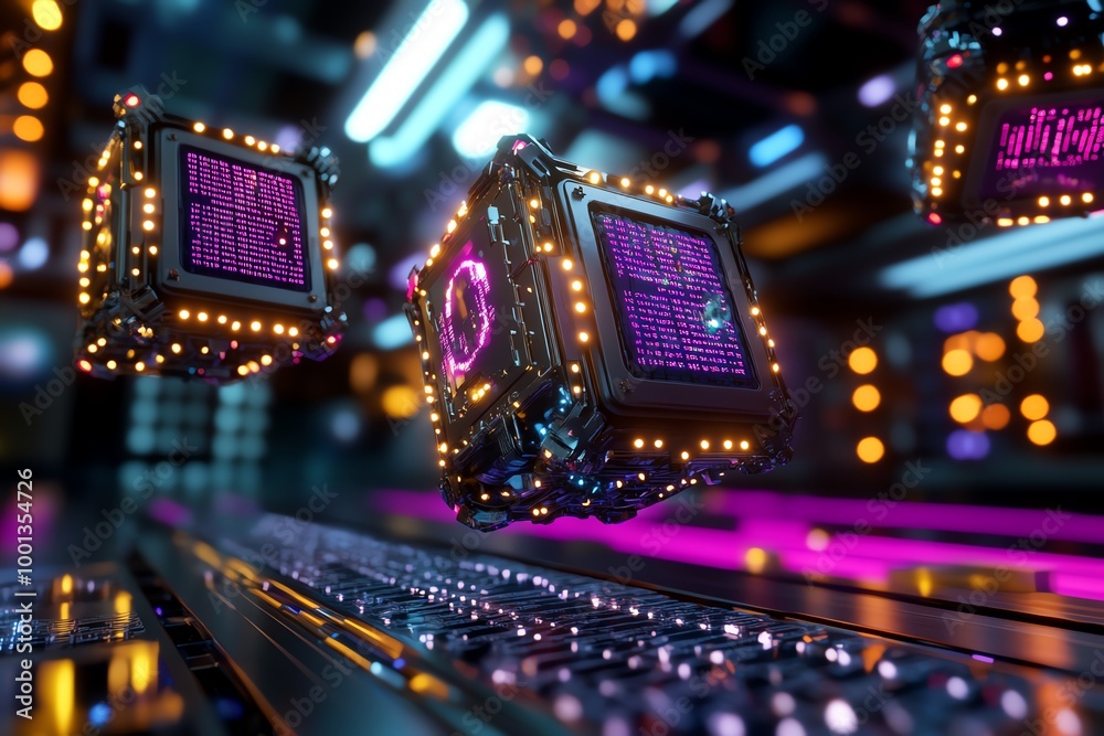 Aufkleber 3D digital world of programming, where lines of code are transformed into physical objects like floating data blocks and interactive machines