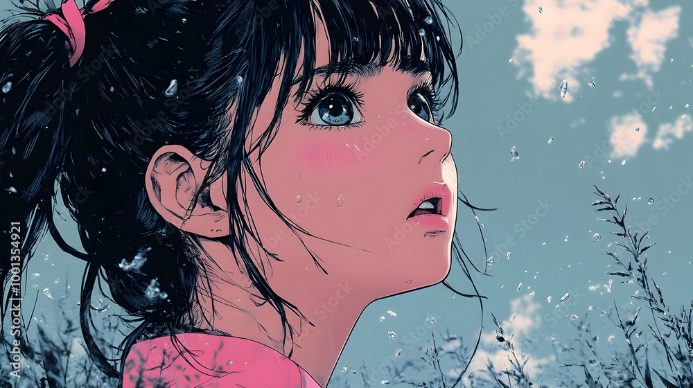 Poster Anime Girl Looking Up at the Sky with Rain Falling