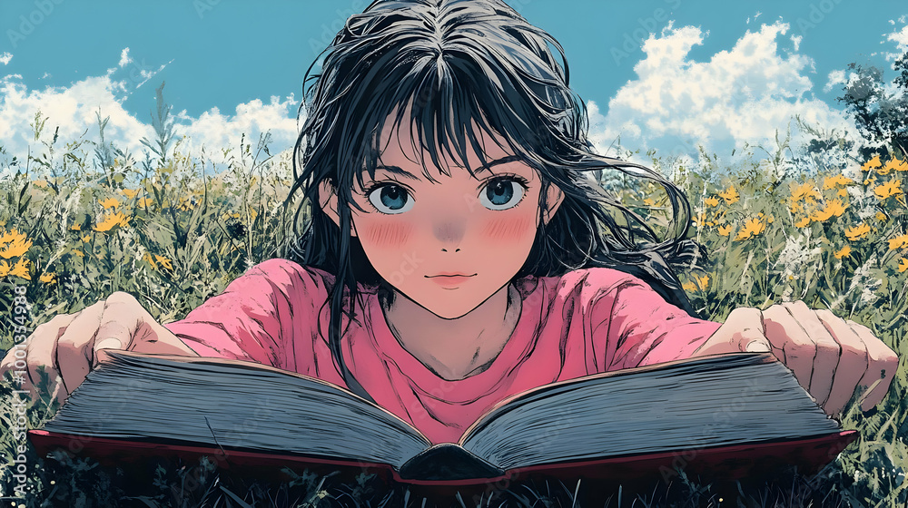 Poster Girl Reading in a Field of Flowers with a Blue Sky