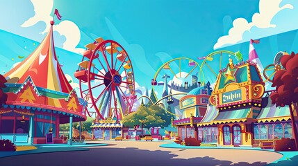 Obraz premium Cheerful amusement park with colorful decorations and rides perfect for text overlay