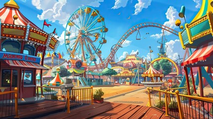 Lively amusement park scene with exaggerated rides and decorations spacious for text
