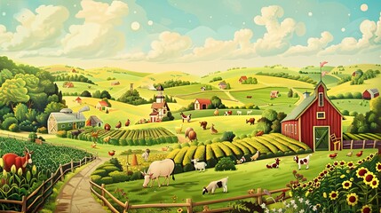 Fototapeta premium Cheerful farm scene with exaggerated barns and animals ideal for text