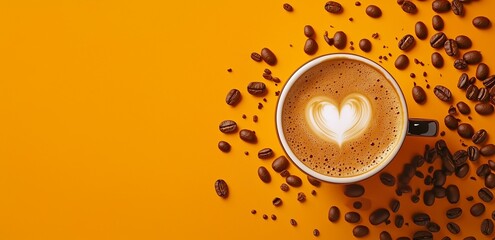 Banner with space for text,  coffee with a heart shape, top view, in a creative soft orange background with coffee beans