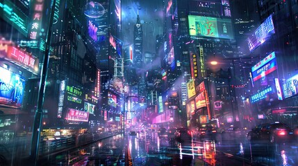 Glowing neon cityscape featuring sleek skyscrapers and billboards in a futuristic setting