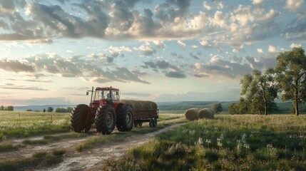 Obraz premium Realistic photo of a tractor pulling hay bales in a beautiful countryside farm landscape