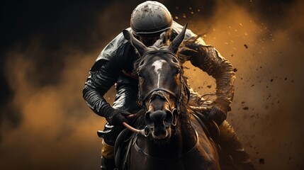 Jockey riding a horse in a race on a dark background.