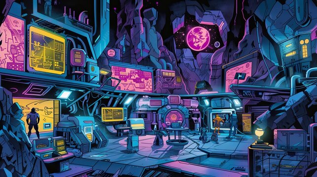 Superhero hideout with oversized gadgets and colorful futuristic elements in a vibrant setting
