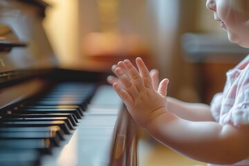 Close-up of a baby's hands playing the piano, showcasing the innocence and curiosity of early childhood.