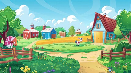 Whimsical farmyard with oversized cartoon animals colorful barns and playful details