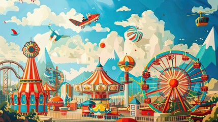 Playful amusement park scene with exaggerated rides and colorful details creating text space