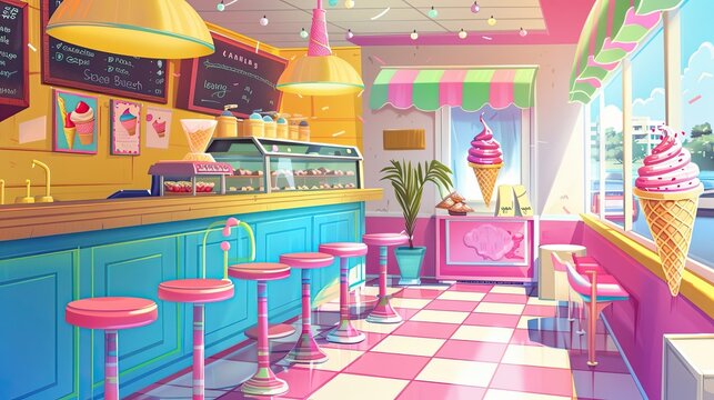 Whimsical ice cream parlor with oversized cones colorful details and a bright inviting atmosphere