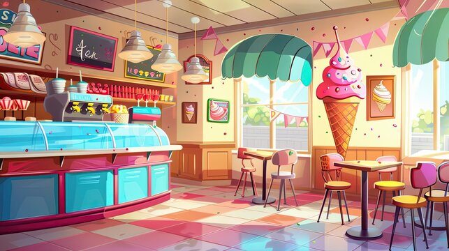Cheerful ice cream parlor with exaggerated cones and vibrant details ideal for text overlay - Powered by Adobe