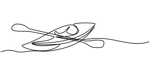 Single continuous line drawing canoe trails and rafting club with kayaking equipment. Vintage mountain, rafting, kayaking, paddling, canoeing camping.Outdoor Sports Continuous Line Editable Stroke