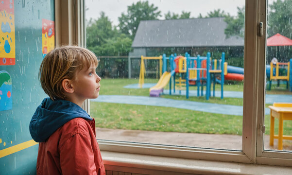 A young boy looks longingly out the window at a playground on a rainy day