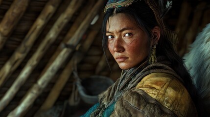 Obraz premium Portrait of a Woman in Traditional Tribal Clothing with Intricate Headpiece in a Rustic Setting