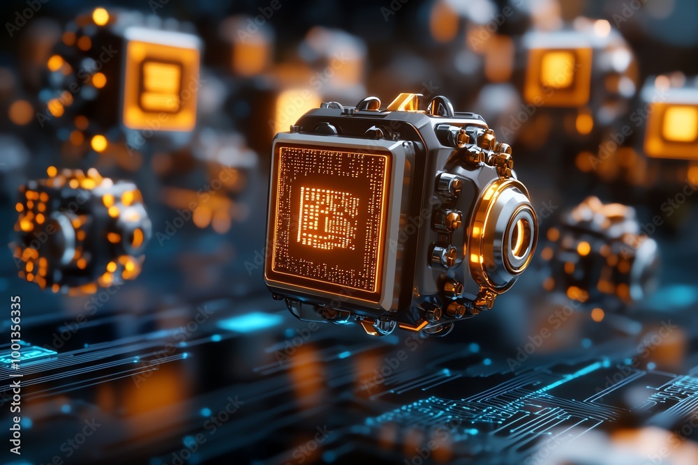 Aufkleber 3D digital world of programming, where lines of code are transformed into physical objects like floating data blocks and interactive machines