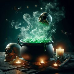 Naklejka premium A dark and eerie scene featuring a bubbling cauldron emitting green smoke and two floating skulls. Surrounded by candles and spell books, this mystical setup evokes a sense of magic and Halloween.. AI