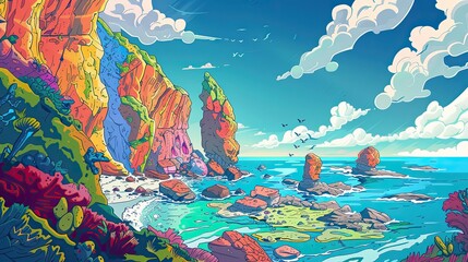 Vibrant coastal landscape with colorful cliffs and playful tide pools under clear skies ideal for text