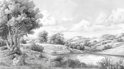 Softly shaded pencil illustration of rolling hills trees and a calm lake with subtle cloud formations ideal for a nature-inspired background