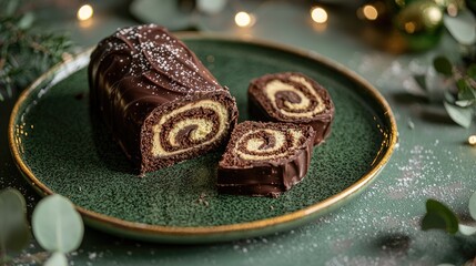 a chocolate yule log with a slice sits on a deep green ceramic plate with a gold rim. chocolate swirl. The plate sits on a textured deep green background