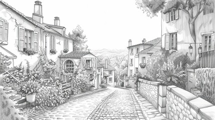 Obraz premium Hand-drawn village street with cobblestones and cottages detailed with greenery and flower boxes creating a peaceful wallpaper backdrop