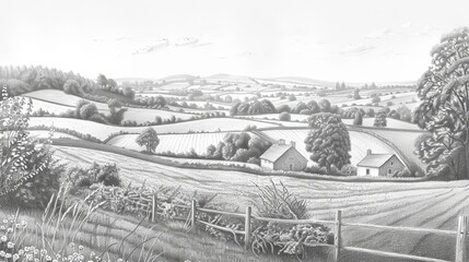Fototapeta premium Tranquil pencil-drawn countryside scene with patchwork fields and rolling hills creating a serene and detailed wallpaper backdrop