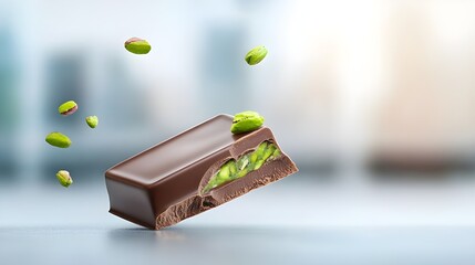 Close up of a dark Dubai chocolate bar with a bite taken from it against a blurred background, the chocolate bar is stuffed with a thick layer of pistachio filling that seeps out the sides