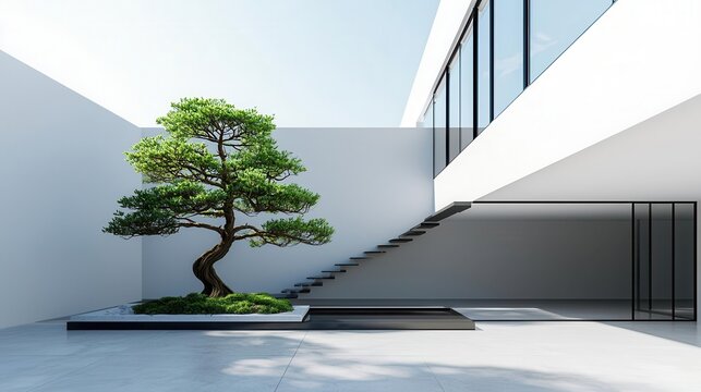 Two-story home with a central atrium featuring a large bonsai pine tree, visible from all levels, bonsai pine atrium, multi-level nature