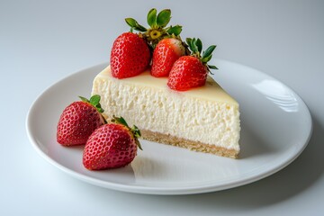 A rich and creamy slice of cheesecake topped with fresh strawberries, set on a clean white plate.