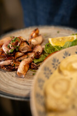 Beautifully grilled squids on a plate. Perfect for Mediterranean cuisine marketing, food blogs, or restaurant promotions aiming to showcase gourmet seafood.