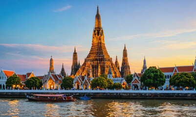 Naklejka premium Wat Arun Ratchawararam Ratchawaramahawihan in Bangkok, Thailand, at sunset