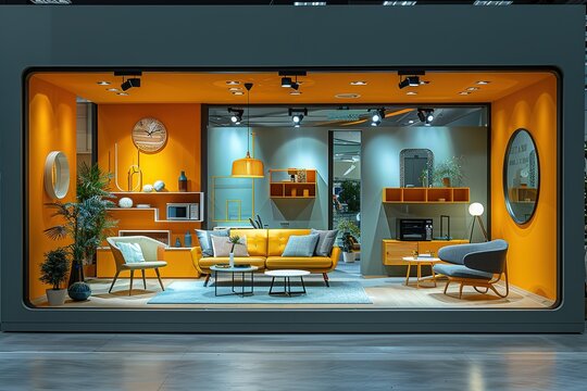 A bright orange room with a couch, a coffee table, and a potted plant