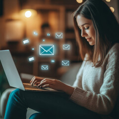 A woman sitting at a laptop sending emails. Email marketing and newsletter concept.