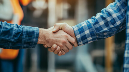 Architect and engineer construction workers shaking hands while working for teamwork and cooperation concept after finish an agreement.