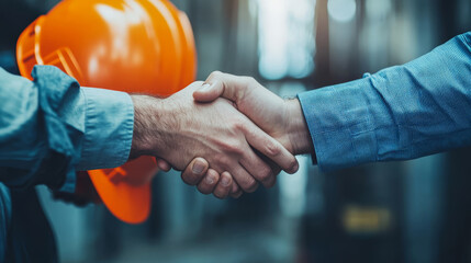Architect and engineer construction workers shaking hands while working for teamwork and cooperation concept after finish an agreement.