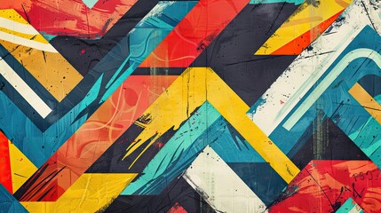 Retro chic wallpaper with color blocks zigzag shapes and comic-style details