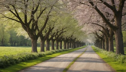 Fototapeta premium A serene spring walk under blooming cherry trees along a tranquil country road in the heart of nature's awakening