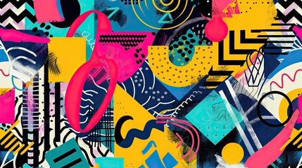 Vibrant geometric patterns bold colors and comic accents in a retro chic wallpaper