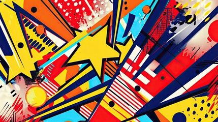Bold geometric shapes bright colors and comic lines in a dynamic 70s wallpaper