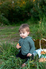 A boy on the shore in the green grass has a picnic