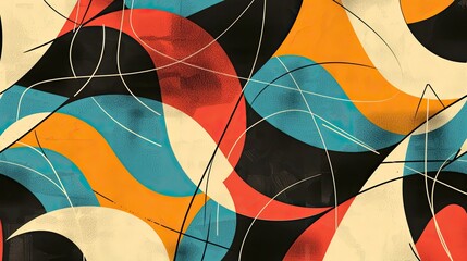 Fototapeta premium Dynamic geometric shapes and lines with vibrant colors in a retro chic 70s wallpaper