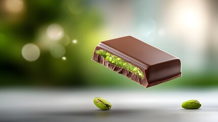 Close up of a dark Dubai chocolate bar with a bite taken from it against a blurred background, the chocolate bar is stuffed with a thick layer of pistachio filling that seeps out the sides