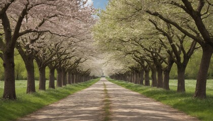 Obraz premium A serene spring walk under blooming cherry trees along a tranquil country road in the heart of nature's awakening