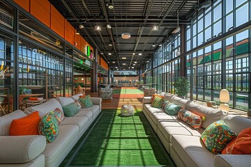 A large room with many couches and chairs, and a green carpet