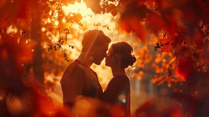 Romantic autumn kiss  a couple embraces love amidst the colors of nature s embrace
