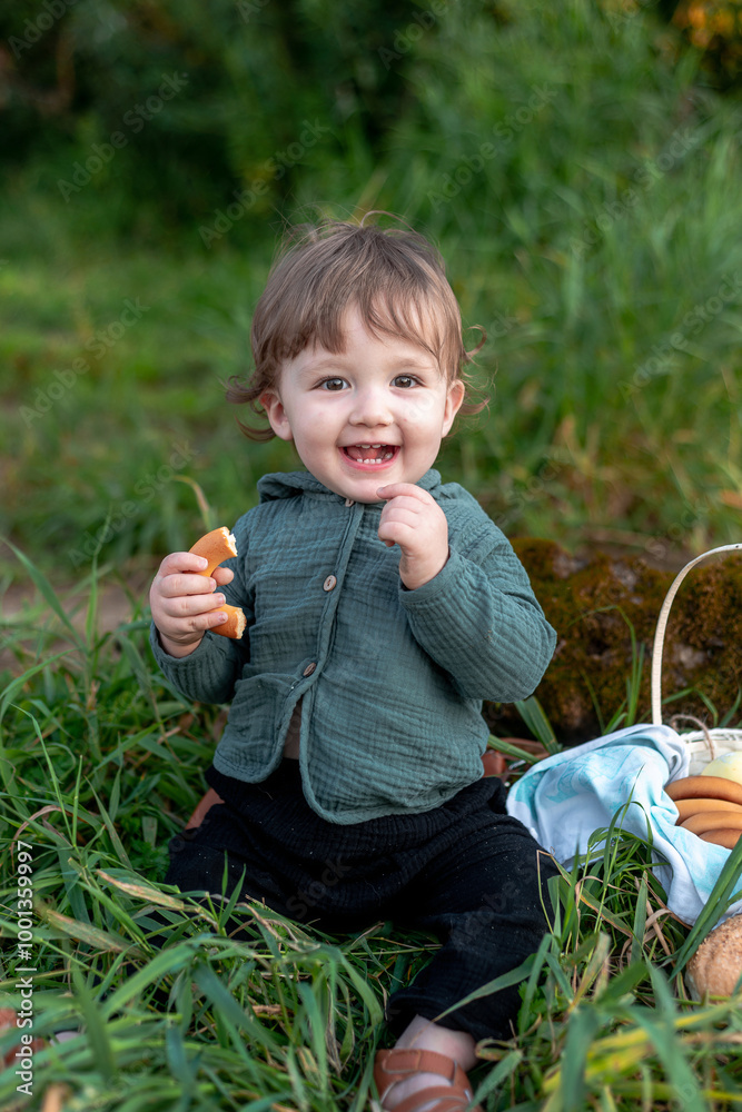 Wall mural a boy on the shore in the green grass has a picnic