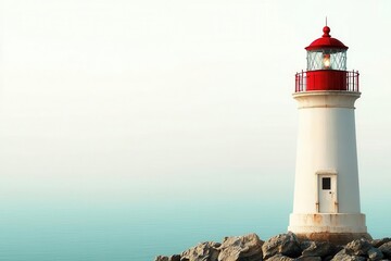 Fototapeta premium A serene lighthouse perched on rocky shores, standing tall against the tranquil sea, symbolizing guidance and navigation in calm waters, perfect for coastal scenery.
