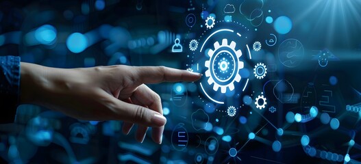 Hand Interacting with Futuristic AI Data Connection Gears