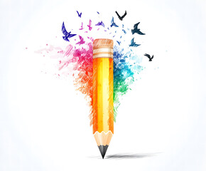  Colorful Pencil with Splash of Paint and Flying Birds