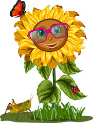 Illustration with a cheerful sunflower.Colored vector illustration with sunflower in glasses, butterfly, ladybug and grasshopper.